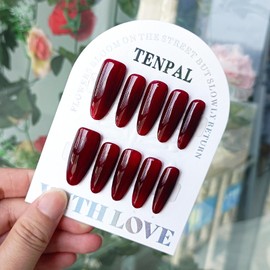 TENPAL Handmade Press on Nails Almond Cherry Red Nails Press ons Acrylic Fake Nails With Glue 10pcs/Box Soft Gel Dark Red Glue on Nails Reusable Glossy False Nails Kits For Women Girls Summer(S)