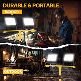 Work Lights with Stand, 21000 Lumen, 2 Adjustable Heads LED Work Lights, with Adjustable and Foldable Tripod Stand, Waterproof Lamp with Individual Switch with 6500 Kelvin Color Temperature (2-Heads)