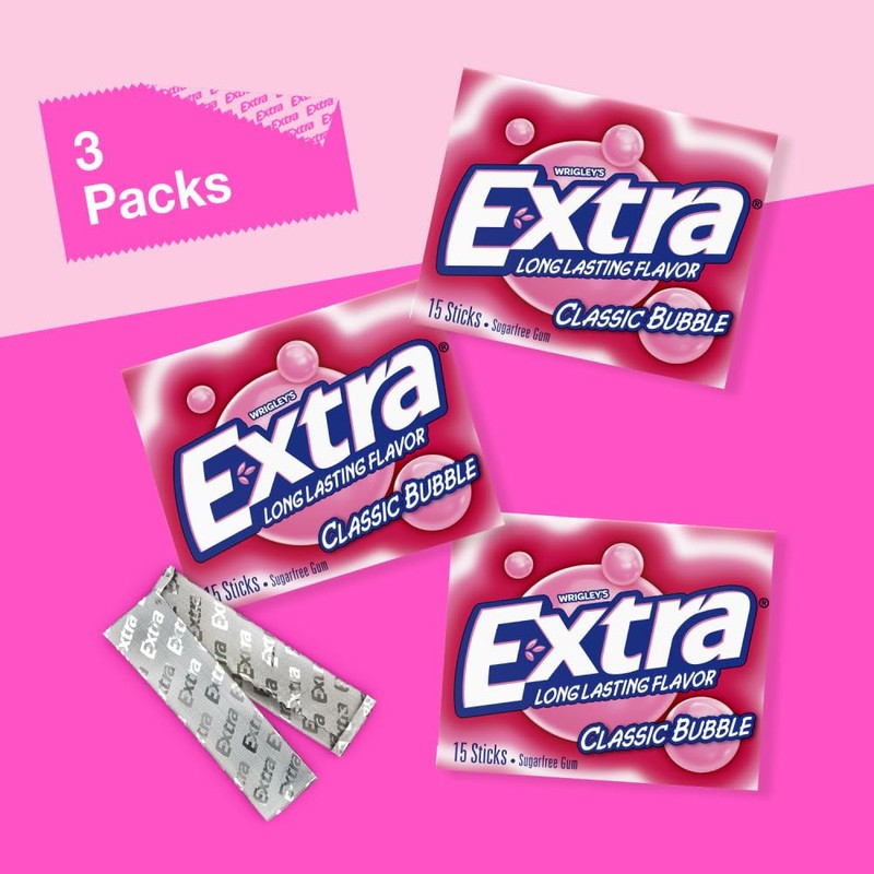 EXTRA Classic Bubble Sugar Free Chewing Gum, 15 Sticks (3