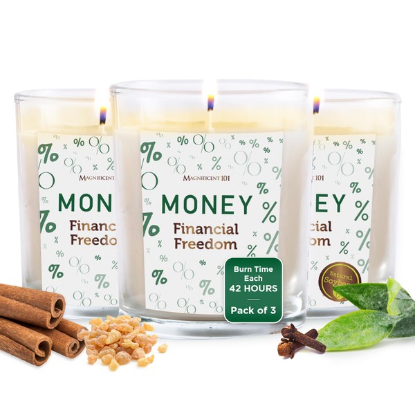 Magnificent 101 Set of 3 Long-Lasting Money Financial Freedom Smudge Candles | 10.5 Oz - 42-Hour Burn | Made with Soy Wax and Sage Herbs | Ideal for House Energy Cleansing & Manifestation