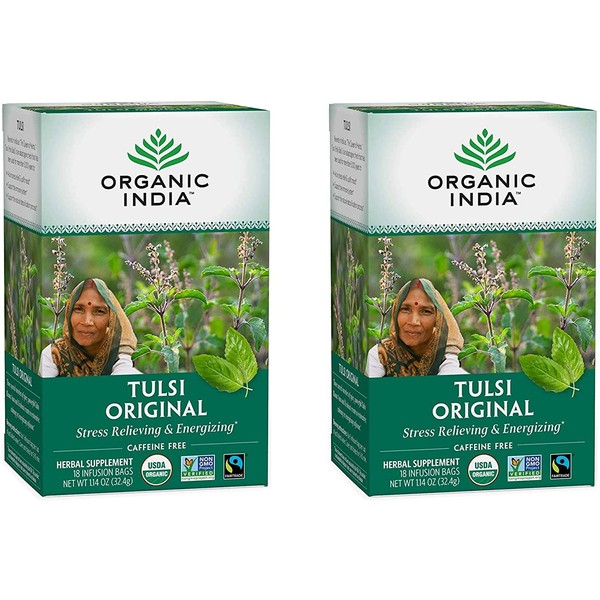 Organic India Tulsi Original Herbal Tea - Stress Relieving & Energizing, Immune Support, Adaptogen, Vegan, Gluten-Free, USDA Certified Organic, Non-GMO, Caffeine-Free - 18 Infusion Bags, 2 Pack