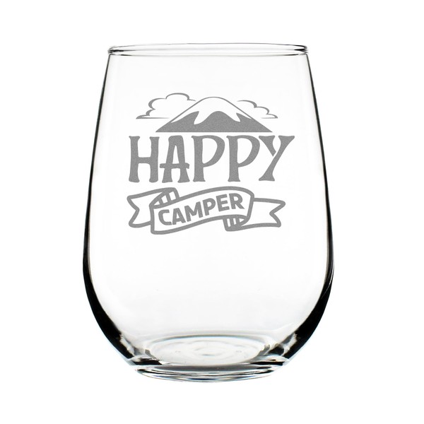 Hand Engraved 17oz Stemless Wine Glass, Happy Camper Design, Perfect