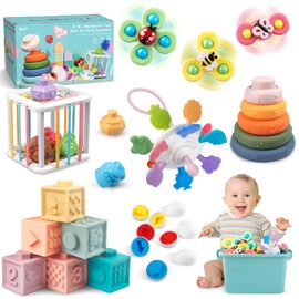 Plunack 6 in 1 Baby Toys 6 to 12 Months, Montessori Toy for Toddlers 1-3, Infant Teething Babies Toy Stacking Blocks Rings Pull String Toy Sorter Sensory Bin
