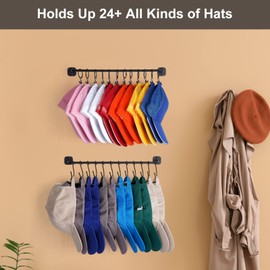 HYDERMUS Hat Rack for Wall 24 Baseball Caps, Modern Metal Hat Hook with 12 Clips and 12 Hooks Hat Holder Wall-Mounted Hat Hook Storage Display for Closet Bedroom Entryway Laundry, 2 Pack Black