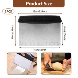 Pack of 2 Dough Scrapers Stainless Steel Dough Card, 16 cm Bench Scraper Kitchen, Dough Spatula Stainless Steel with Non-Slip Handle and Measuring Scale, Multi-Purpose Dough Divider Dough Separator