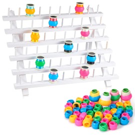 Yookeer 60 Spools Wooden Thread Rack and 48 Pcs Thread Spools Savers/Spool Huggers with Hanging Hooks for Sewing Quilting Embroidery Machine Needlecraft Supplies(White)