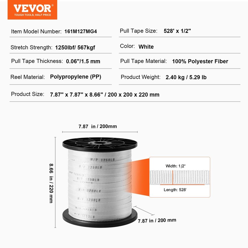 VEVOR Polyester Pull Tape, 1/2" x 528' Mule Tape Flat