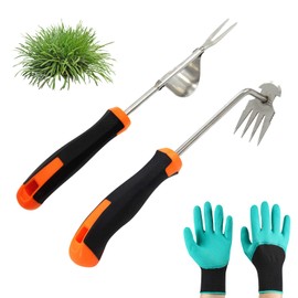 AIBAOBAO Unkrautstecher Edelstahl Wurzeljäter, 2 Pcs 35cm Unkraut Entferner Gerät mit Gartenhandschuhe Gartenarbeit Hand Unkrautstecher mit Stiel Gartenwerkzeug zum Graben Jäten Umpflanzen Entwurzeln