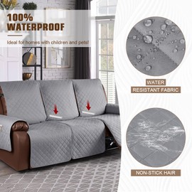 KinCam 100% Waterproof Recliner Sofa Covers, Non-Slip Reclining Couch Covers for 3 Seat, Recliner Couch Cover Furniture Protector with Elastic Straps for Pets, Kids, Light Gray