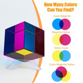 WodGod CMY Color Cube 2.36 Inch(6cm) with Display Stand K9 Crystal Glass Prism Cyan & Yellow & Magenta Mixing Color Cube - Physics & Art Desk Object, Desktop Decor