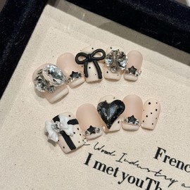 NLSJMP 3D handmade Gel nails press on false nails short square matte white big rhinestone, Black bow cute acrylic Reusable fake nails designed kit,10 Nails Size S #2220