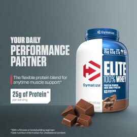 Dymatize Elite 100% Whey Protein Powder, 25g Protein, 5.5g BCAAs & 2.7 L-Leucine, Quick Absorbing & Fast Digesting for Optimal Muscle Recovery, Rich Chocolate, 5 Pound (63 Servings)