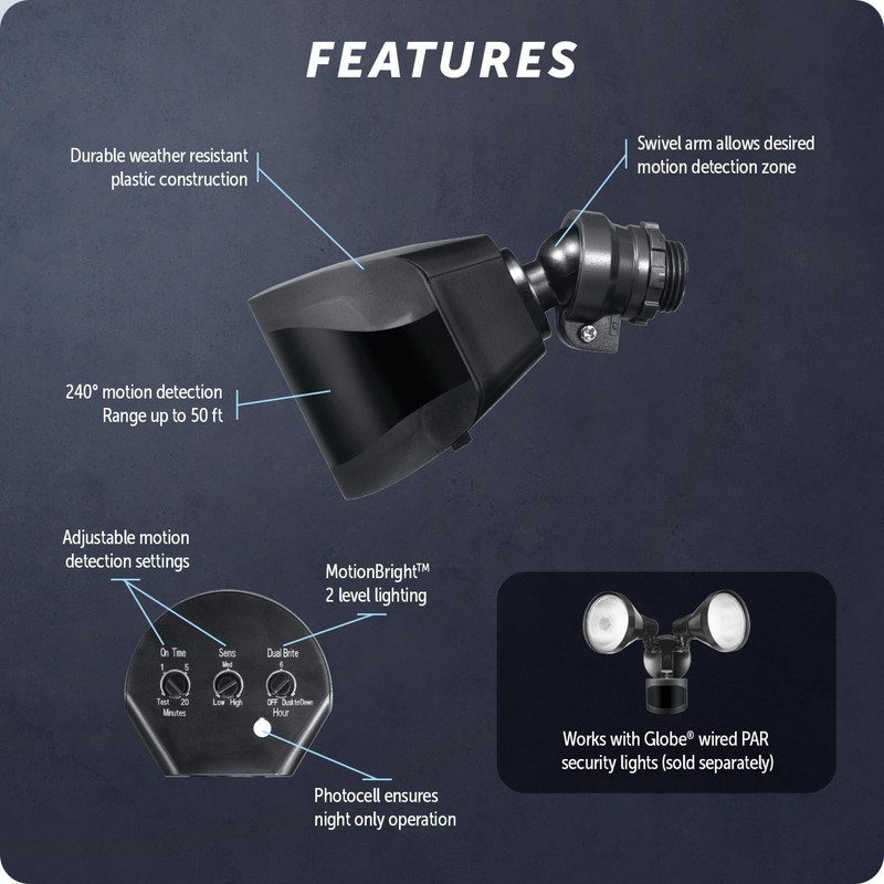 Globe Electric 17000184 240-Degree Wired Motion Activated Black Outdoor Flood