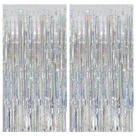 SHUOHONG Pack of 2 Tinsel Curtain, Glitter Curtain Birthday, Party Curtain Photo Background, Streamers Birthday Decoration, Rainbow Carnival Foils Fringe Curtains (Silver)