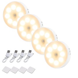 Luces con Sensor de Movimiento,4 Piezas. Luz de Noche 700 mAh, Luz Nocturna LED Recargable por USB con Imán, Ideal para Escaleras, Sala, Closet, Estudio, Cocina (Luz calida)