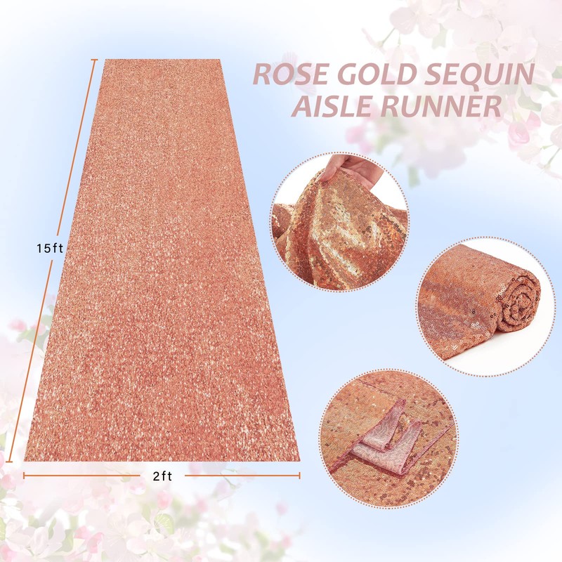 Aisle Runners for Wedding 2FT×15FT Rose Gold Sequin Aisle Runner