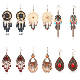 6 Pairs Boho Vintage Geometric Ethnic Style Drop Dangle Earings, Carved Pendant Earings for Women (Style B)