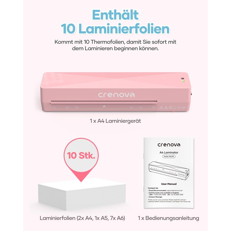 Crenova Laminator A4/A5/A6, Quick Laminator with 10 Laminating Pouches, Personal