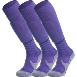 APTESOL Youth Soccer Socks Boys Girls Women Knee High Team Sport Cushion Sock Kids Long Tube Cotton Athletic Compression Socks (3-Pair Purple-B,Small)