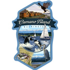 Lantern Press Sticker Camano Island, Washington, Montage, Die Cut Vinyl, (Waterproof Decal for Cars, Water Bottles, Laptops, Coolers), Small