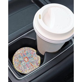 2PCS Ethnic Bohemian Ceramic Car Coasters for Cup Holders 2.6 Inch - Turkish Carpet Tribal Design, Absorbent Auto Coaster Set