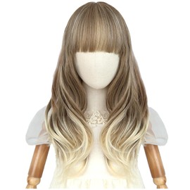 HUNIGIR Ash Blonde Wig Long Wavy Blonde Ombre Wig with Bangs for Girls Heat Resistant Synthetic Hair for Party Cosplay Costume