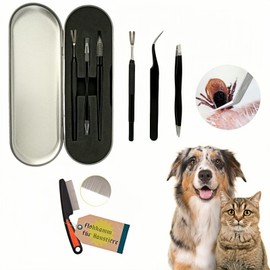 Zeckenzange Set 4 teilig aus Edelstahl, zeckenzange für Hunde & Katzen, Zeckenentferner Mensch, Zeckenpinzette, Zeckenhaken mit Flohkamm, Metallbox, chemiefrei Tick Remover für Outdoor