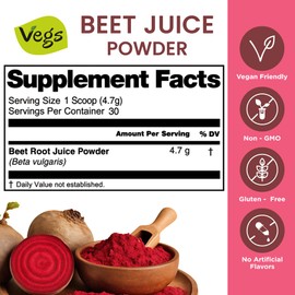 Vegs Beet Juice Powder - 20 X Ultra Concentrated Nitrates, Betanines, High Strength Nutrients - Freeze Dried Organic Beet Root Juice - Nitric Oxide, Healthy Circulation Superfood - Sugar Free, 5.3 oz