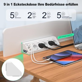 HITRENDS Ecksteckdose mit USB, 5 Fach Steckdosenleiste mit Schalter, Mehrfachsteckdose Steckerleiste mit 2 USB und 2 Type-C, 9 in 1 ??berspannungsschutz mit 2M Kabel f??r Smartphones Tablets, Hause, Wei?