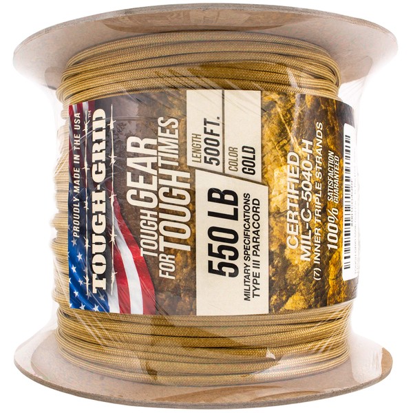 TOUGH-GRID 550lb Gold Paracord/Parachute Cord - 100% Nylon Mil-Spec Type III Paracord Used by The US Military, Great for Bracelets and Lanyards, 100Ft. - Gold