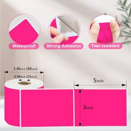 YOULAISHI 3 X 5 Inch Printable Waterproof Rectangle Color Coding Labels, 300 Per Roll Adhesive Color Coding Stickers for Bar-Codes, Address, Small Business Labeling, Fluorescent Pink