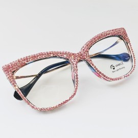 ICARA Cat Eye Crystal Rhinestone Reading Glasses Sparkling Eyewear Female Trendy Diamond Blue Light Blocking Reader (Pink-2, 2.5, x)
