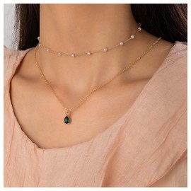 Iaceble Boho Layered Crystal Pearl Necklace Teardrop Emerald Pendant Necklace Gold Pearl Chain Necklace Green Gemstone Necklace Chain Jewelry for Women and Girls