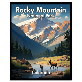 Rocky Mountain National Park Colorado 11x14 Unframed Poster: Snowy Peaks, Tranquil River, Grazing Deer, Verdant Grass, Beneath Cloud-Kissed Skies -Breathtaking Illustration of Alpine Wilderness Beauty