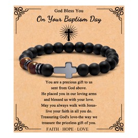 JoycuFF Baptism Gifts Cross Bracelet for Men - Natural Stone Tiger Eyes Beads - Christian Jewelry for Son Grandson On Your Baptism Day