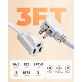 DEWENWILS 3FT Extension Cord with 3-Prong Flat Plug, 15A/1875W 14/3 SPT-3 Flat Wire, Space Saving for Home Office Appliances & Electronics, ETL Listed, 2 Pack for Christmas, White