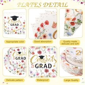 Ceenna 452 Pcs Class of 2026 Gold Floral Graduation Decoration Party Supply for 50, Wildflower Congrats Grad Paper Plates Napkins Cups Tablecloth Cutlery Straw for Freshly Graduated Party Decorations