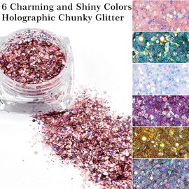 Holographic Nail Art Glitter Sequins, 6 Boxes 3D Mermaid Flake Nails Glitter, Shining Flakes Acrylic Powder Dust for Nails Decoration,HJ-ND118