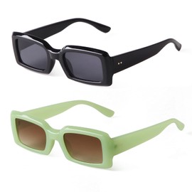 piscm Rectangle Sunglasses for Women Retro Driving Glasses 90’s Vintage Fashion Narrow Square Frame UV400 Protection, Black+green, Small