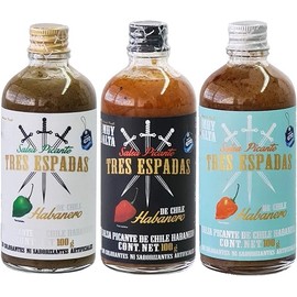 Salsas Picantes Tres Espadas | 3 Pack variado de salsa habanero verde, naranja y rojo elaborado con un 54% de habanero natural | Salsa Picante Mexicana, 100 g c/u