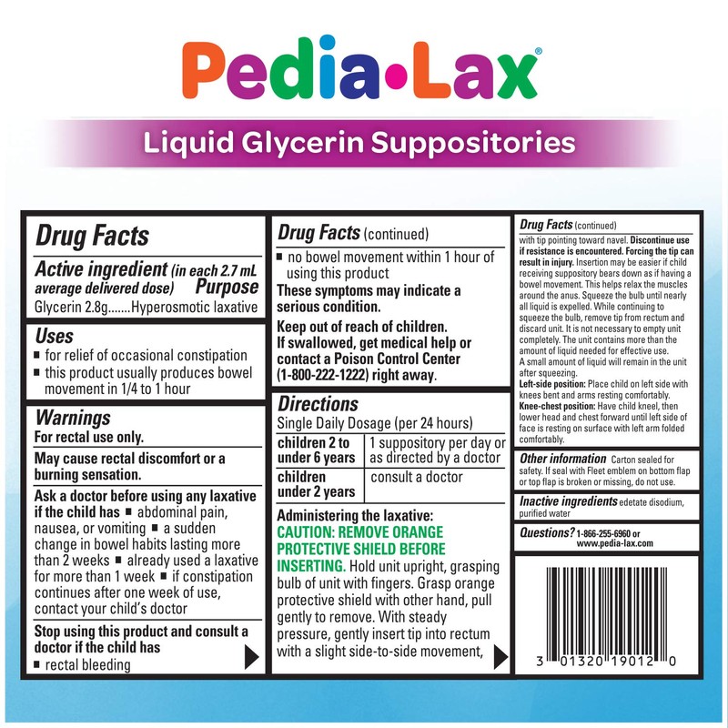 Pedia-Lax Laxative Liquid Glycerin Suppositories for Kids, Ages 2-5, 6