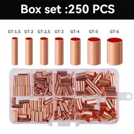 IMCCZONY 250pcs GT Copper Connecting Pipe Wire Joint Small Copper Tube Terminal Cable Lug Bootlace Ferrule Kit W/Crimping Pliers
