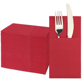 JEBBLAS Dinner Napkins with Built-in Flatware Pocket, Cloth Like Napkins, Linen-Feel Disposable Hand Napkins for Kitchen, Bathroom, Parties, Weddings, Dinners or Events, 16x16inches, Pack of 50,Red