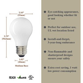 Luxsent Hollywood Vanity Mirror/Marquee A17 LED Decorative Bulb, Warm White 2700K, Outdoor Waterproof Shatterproof, 1 W Low Wattage (10W Equivalent), E26 Medium Base, 25 Pack