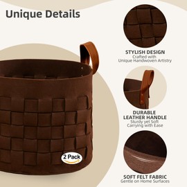 boldmonkey Blanket Basket 15 " x15 x13 2 Pack, Fabric Large Basket with Leather Handle, Dirt Clothes Laundry Basket Round for Babies, Dogs and Living Room-Brown