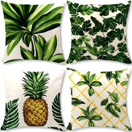 Cirzone Outdoor Cushion Covers, Pack of 4, 45 x 45 cm, Decorative Outdoor Cushions, Summer Pineapple Palm Leaves Print Cushion Covers for Sofa Cushions, Garden, Outdoor