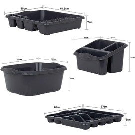 M1SS Midnight Greyish - 4 Piece Casa Plastic Kitchen Set (38cm Rectangular Bowl, Large Cutlery Tray, Large Dish Drainer & Sink Tidy) Perfect for Kitchen Organisation Home and Restaurants