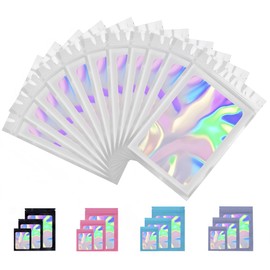 Rimiko Pack of 100 Ziplock Bags, Aluminium Foil with Zip and Transparent Window, Zip Films Mylar Bag, Resealable Bag (White Holographic, 8 x 13 cm)