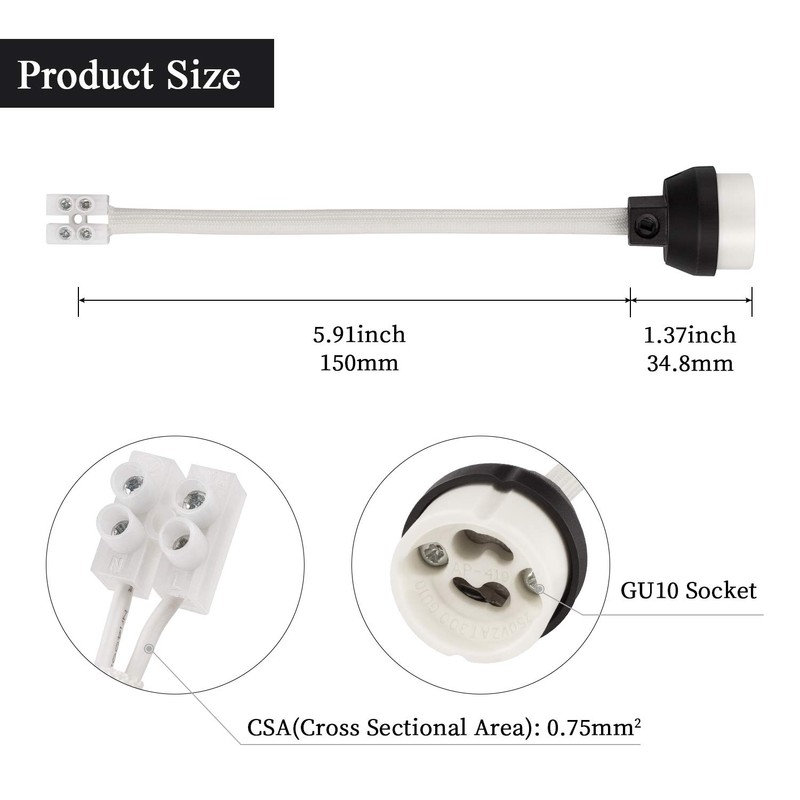 DiCUNO GU10 Ceramic Socket Lamp Holder, 15CM Long Wire Bulb