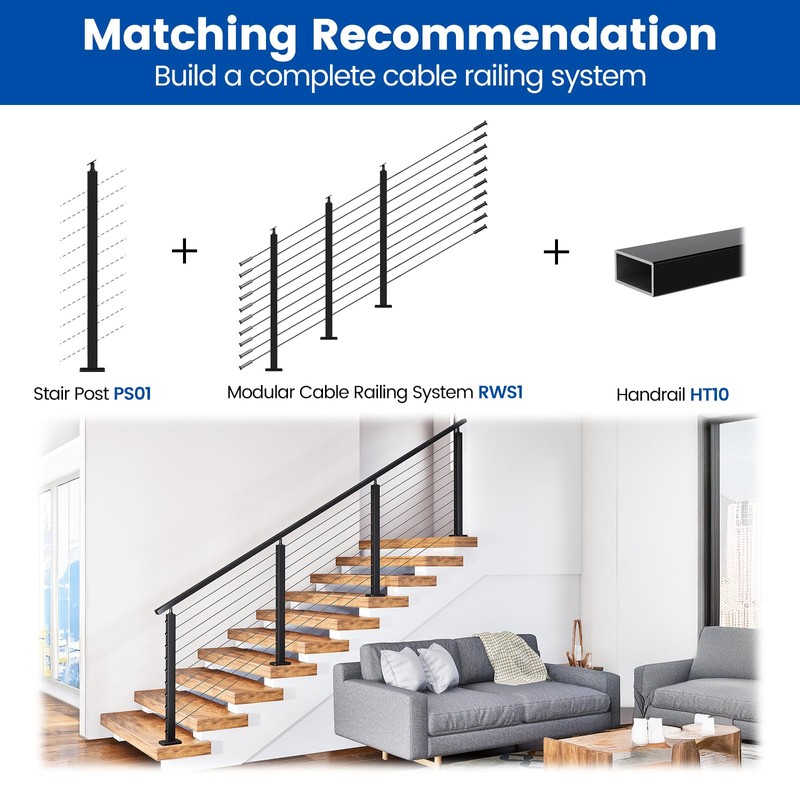 Muzata Black Stair Cable Railing Post 36 Inch for 25-35